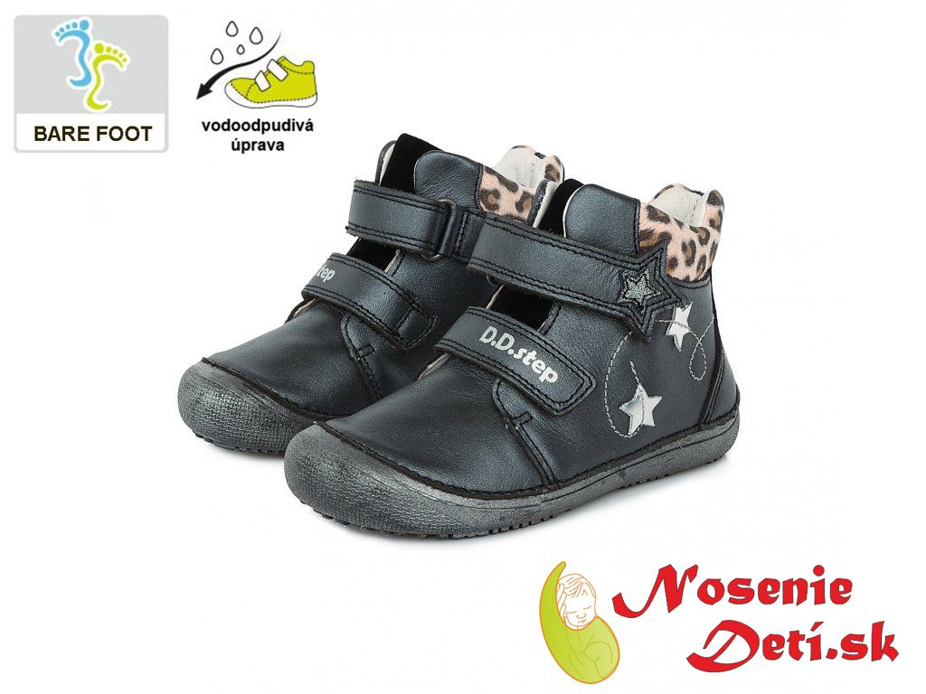 Barefoot dievčenské členkové topánky jarné jesenné DD Step Tmavošedé Hviezdy 063-318