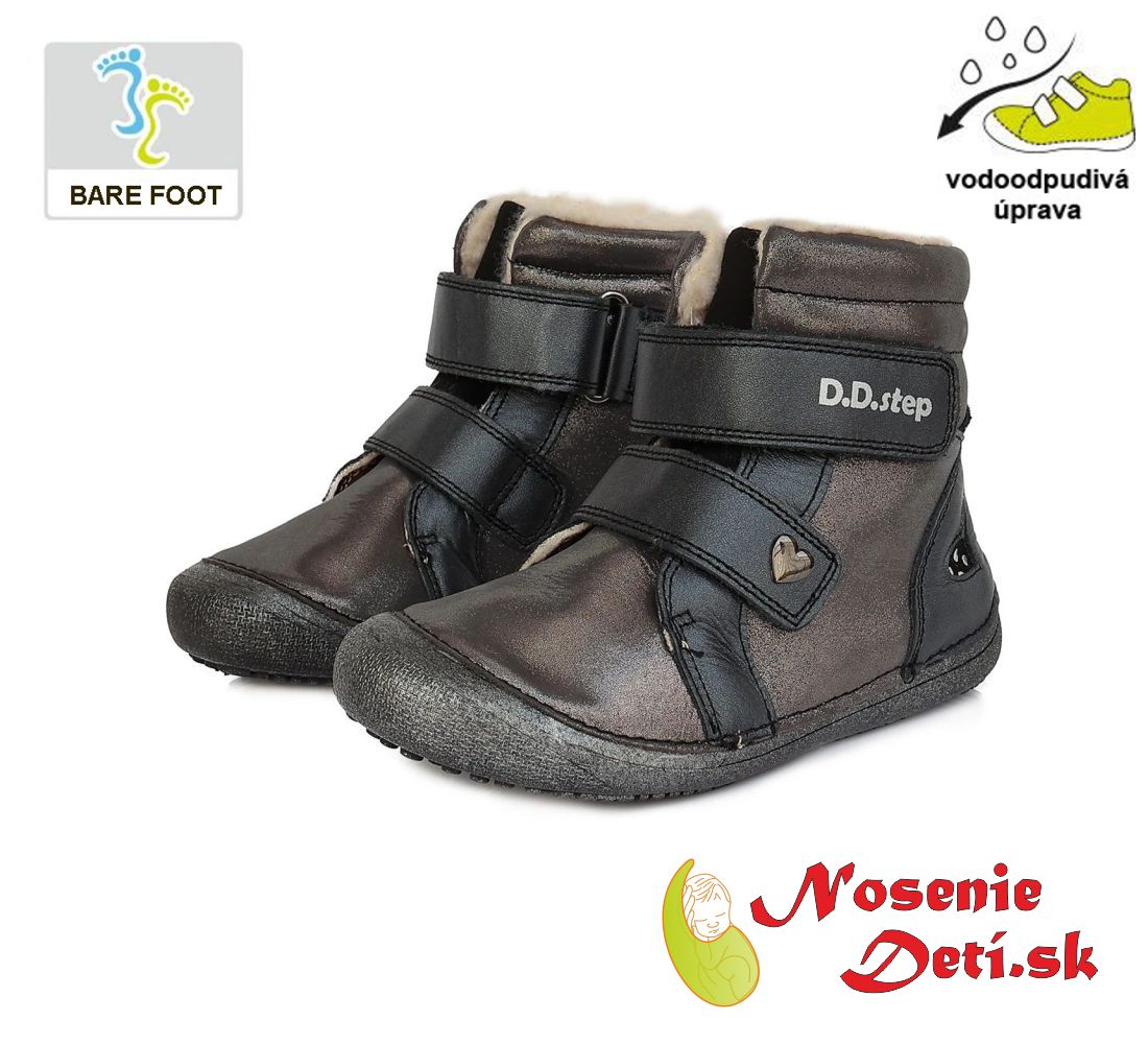 Dívčí zimní barefoot boty DD Step Šedostříbrné Srdíčka 063-829A