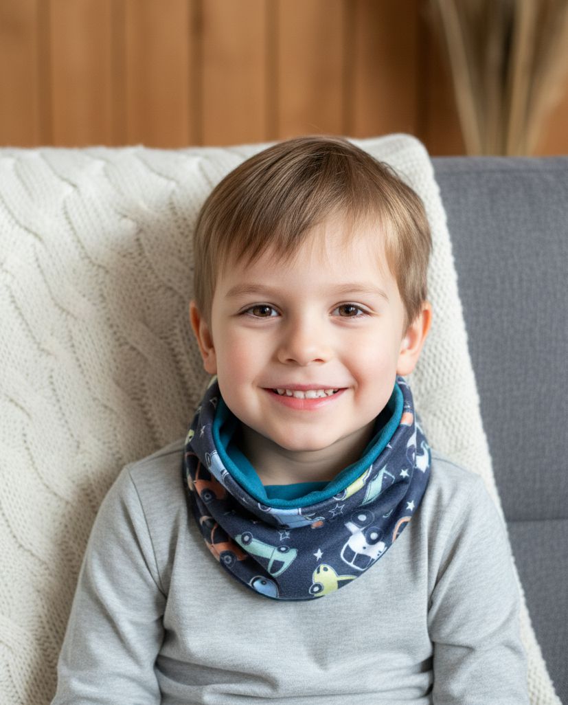 Detský obojstranný nákrčník Fleece bavlna Autíčko Petrolej Detský obojstranný nákrčník Fleece bavlna Autíčko Petrolej