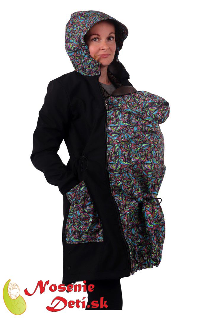 Nosiaca softshellová bunda kabát na nosenie detí Jožánek Alva Čierna Trojuholníky