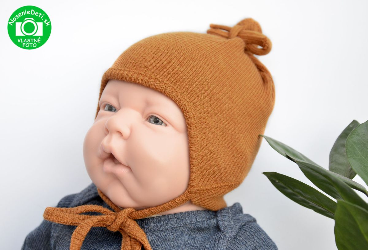 Merino vlnená dojčenská zaväzovacia čiapka Manymonths Honey Bread