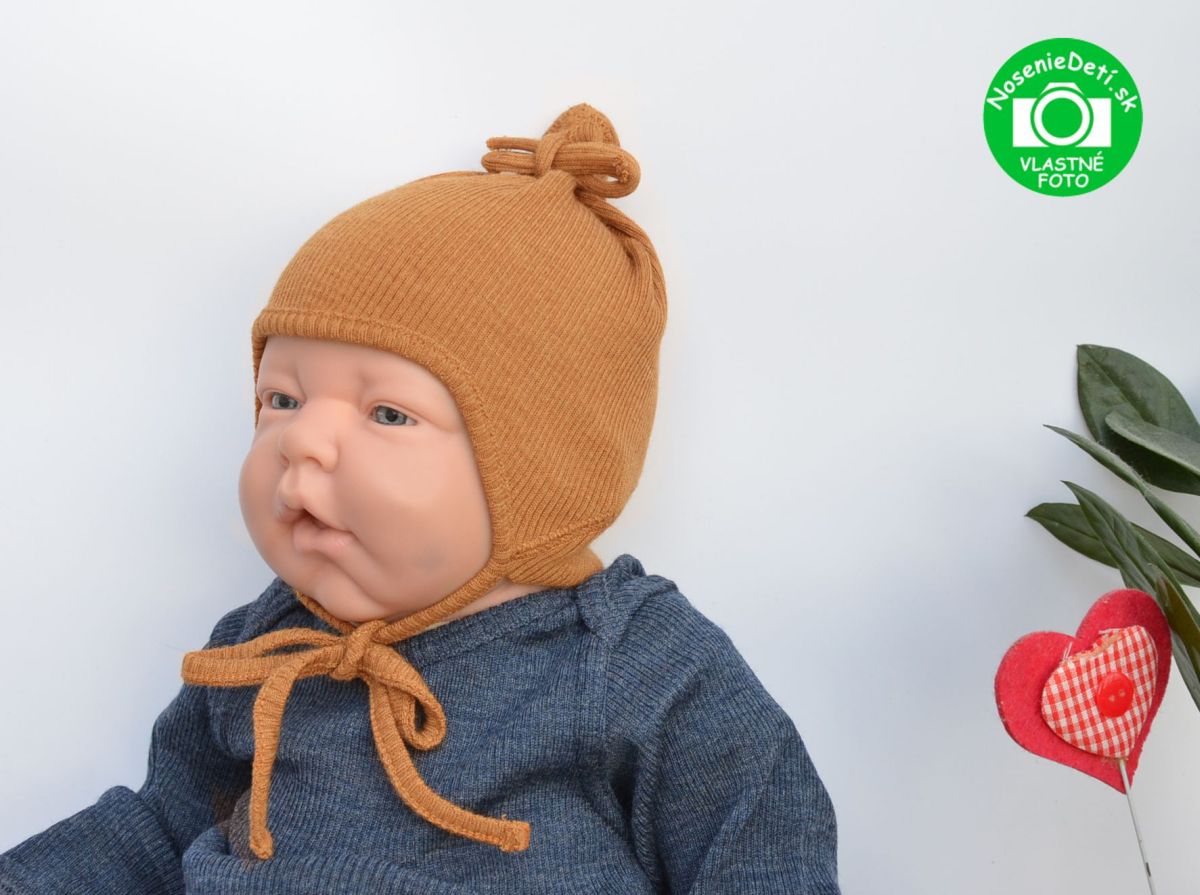 Merino vlnená dojčenská zaväzovacia čiapka Manymonths Honey Bread