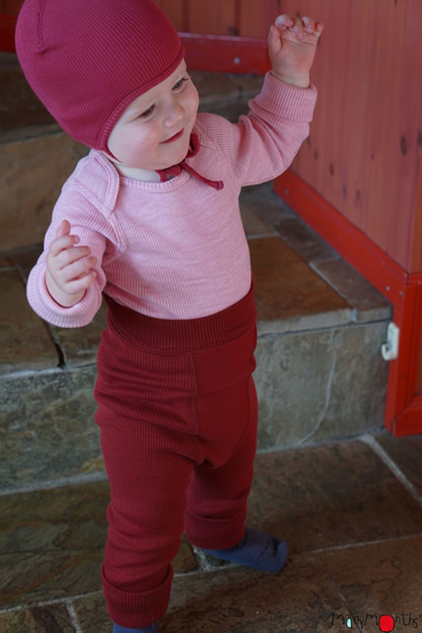 Manymonths Longies Cranberry Nectar merino pre deti