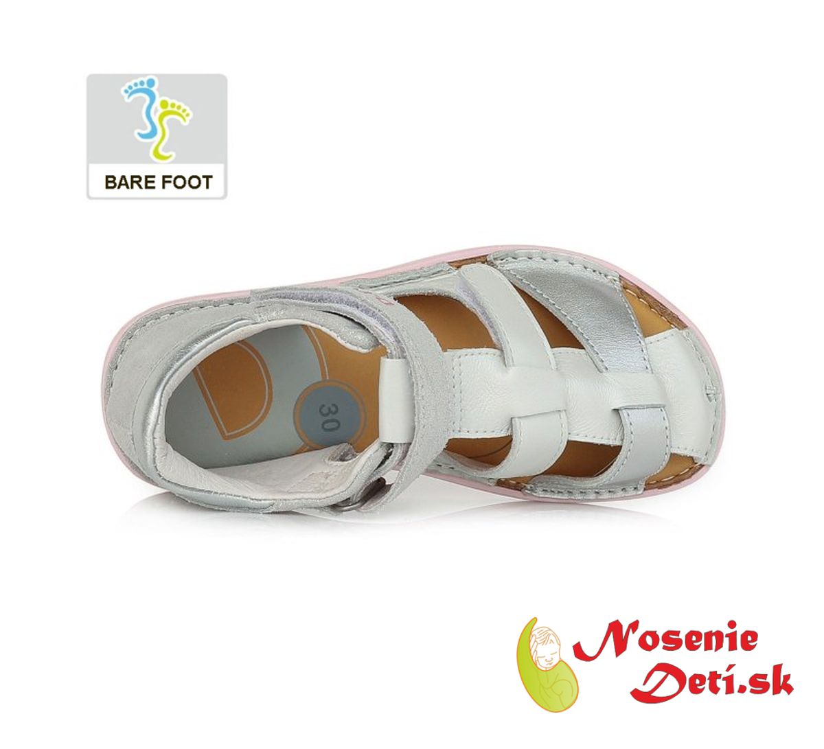 Dievčenské barefoot sandále pevná päta Perleťovo Strieborné DD Step 076-382