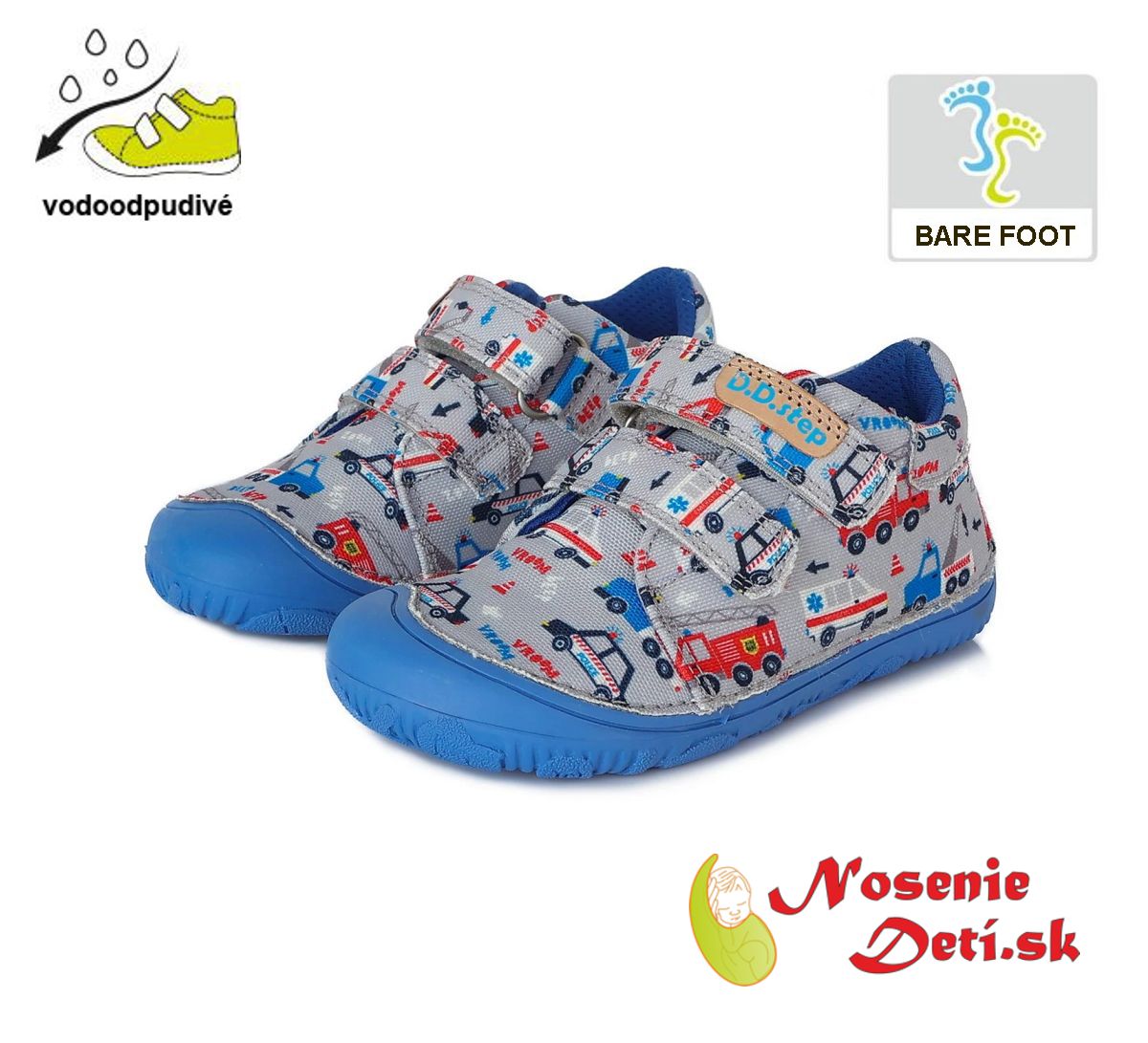 Detské barefoot plátenky chlapčenské DD Step Šedomodré Autá 073-180A