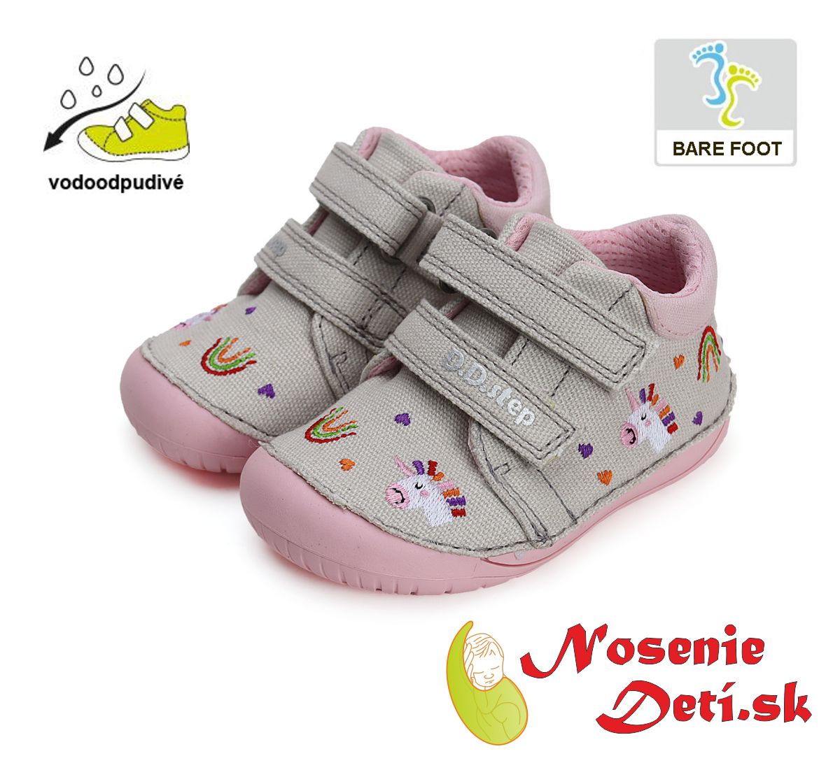 Dívčí barefoot plátěnky D.D. Step Light Grey Jednorožec C070-41709B