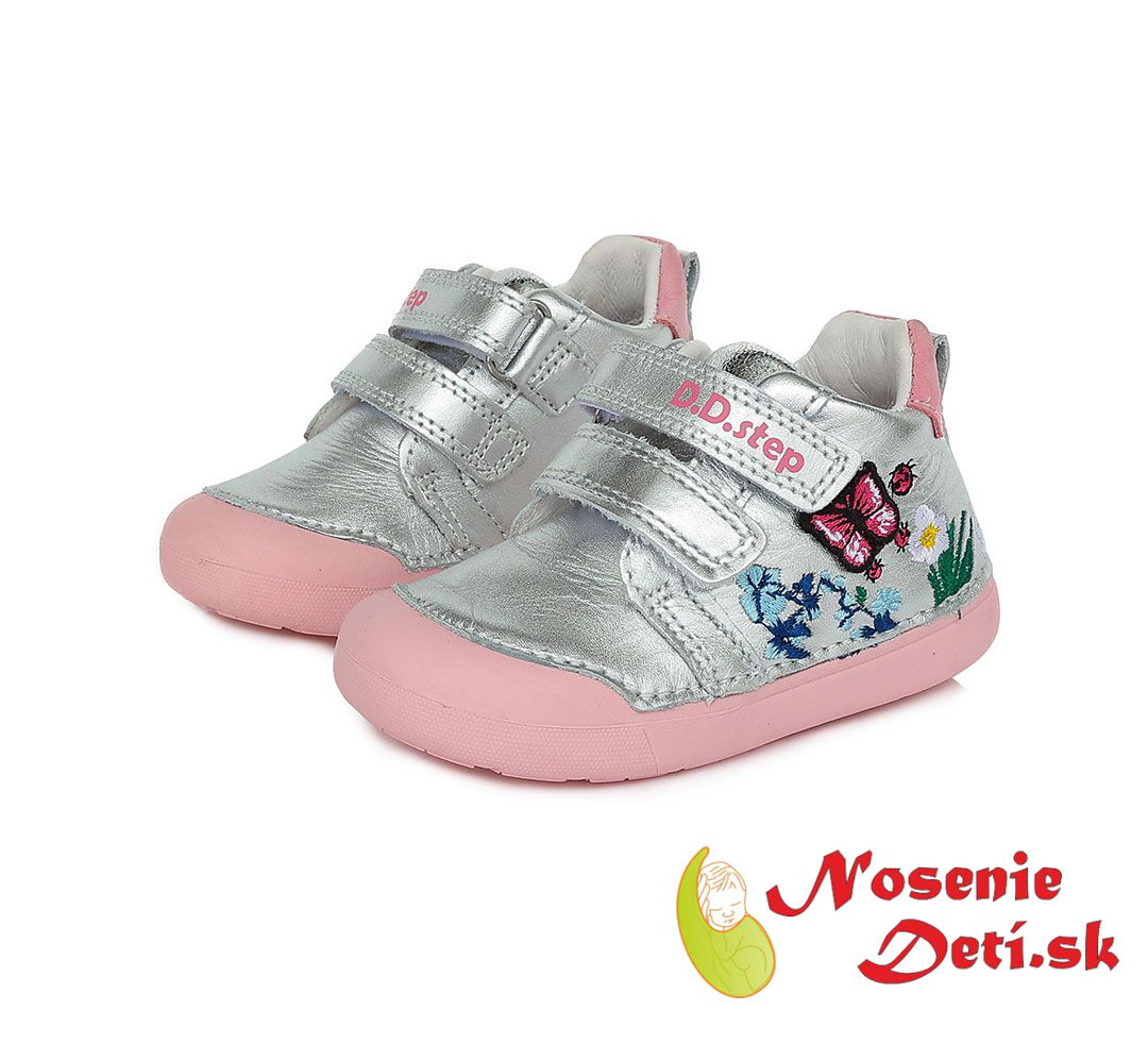 Jarná jesenná dievčenská obuv alternatíva barefoot  DD Step Strieborné Motýlik 066-821