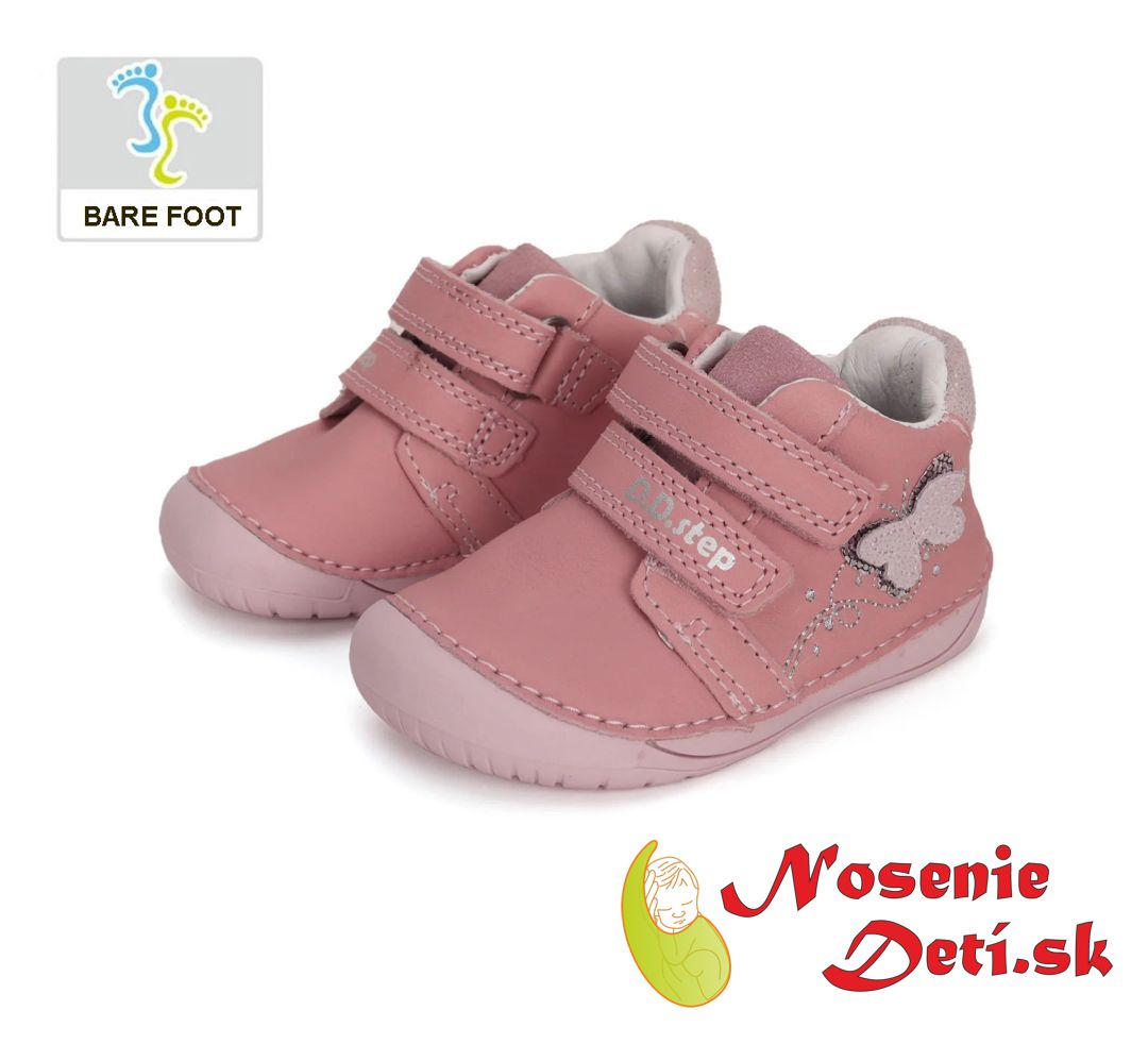 Dievčenské barefoot prechodné topánky D.D. Step Ružové Motýlik 070-41929A