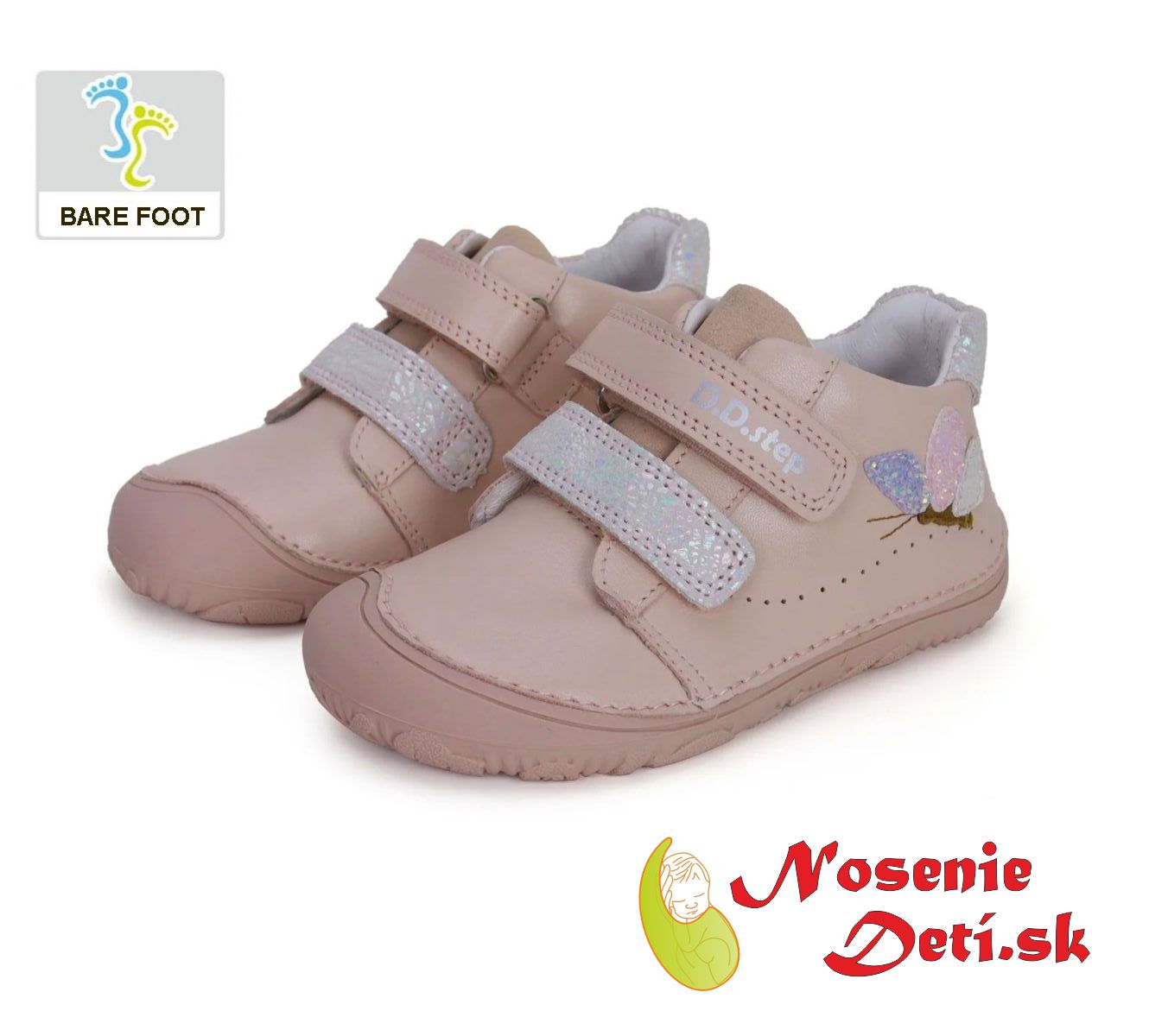 Dievčenské prechodné barefoot kožené topánky D.D. Step Svetloružové Motýľ 073-41984