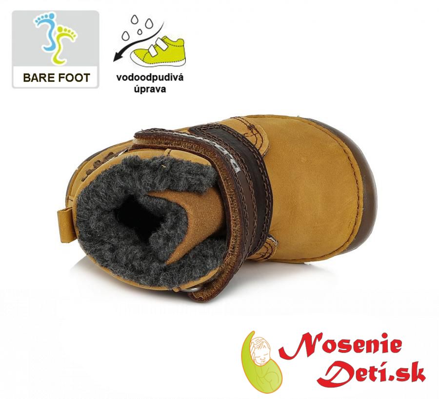 Detské chlapčenské zimné barefoot topánky DD Step Horčicové Pavúčik 070-111A