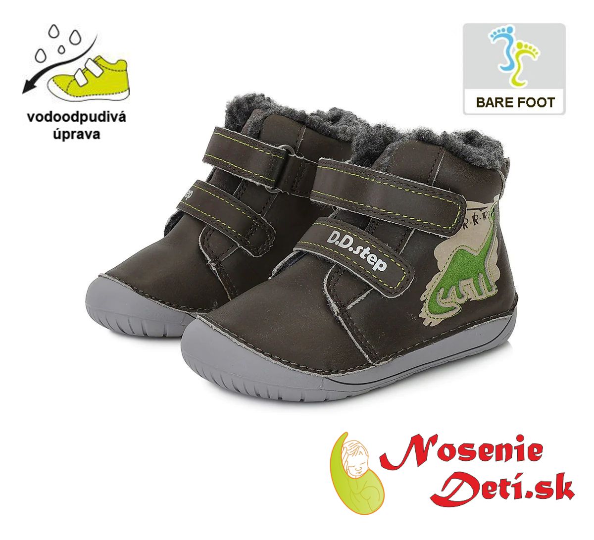 Barefoot detské zimné topánky DD Step Khaki Šedá Dino 070-327A