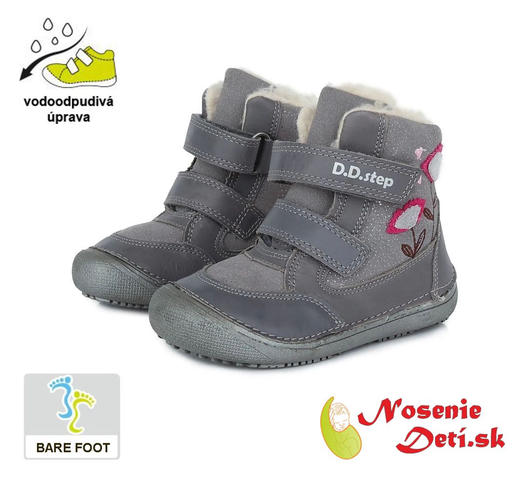 Dievčenské zimné barefoot topánky čižmy DD Step Šedé Kvietky 063-710A