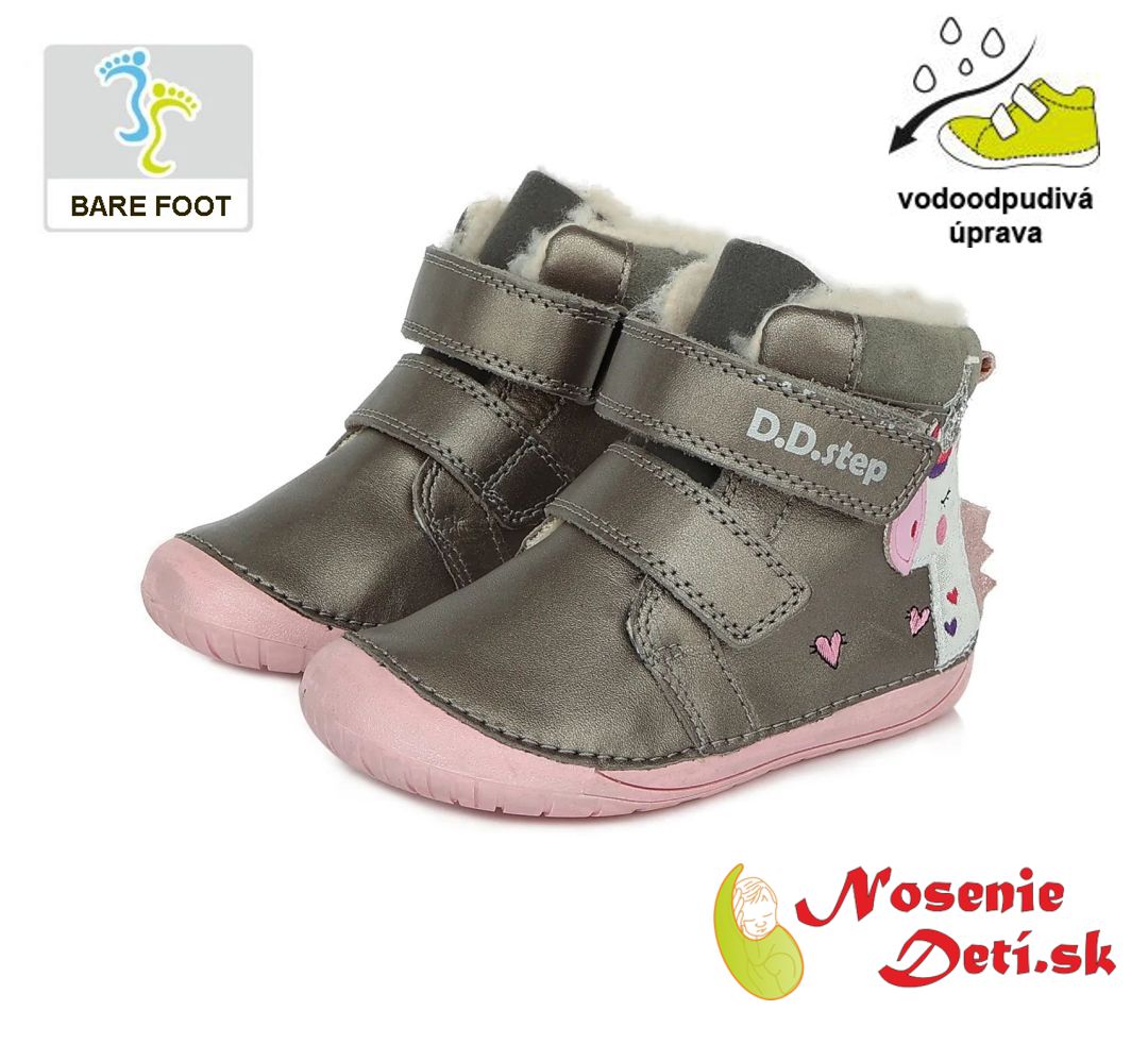 Dievčenské zimné barefoot topánky DD Step Bronze Ružová Jednorožec 070-328