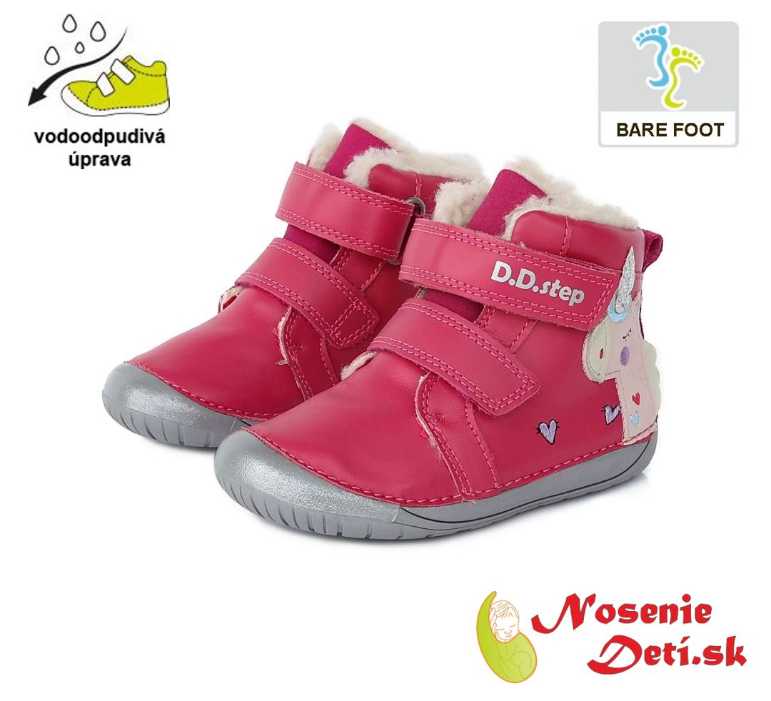 Dievčenské zimné barefoot topánky DD Step Ružová Jednorožec 070-328A