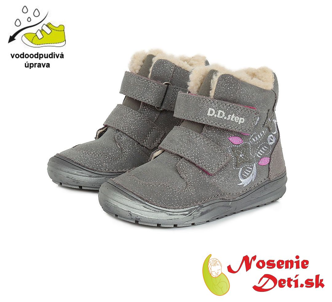 Dětská zimní obuv dívčí kožené boty DD Step Šedé Květy 071-754A