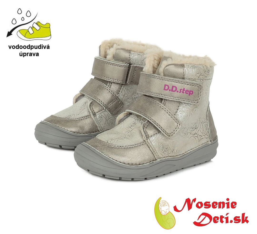 Dievčenské zimné kožené topánky čižmy DD Step Silver Ruže 071-887B