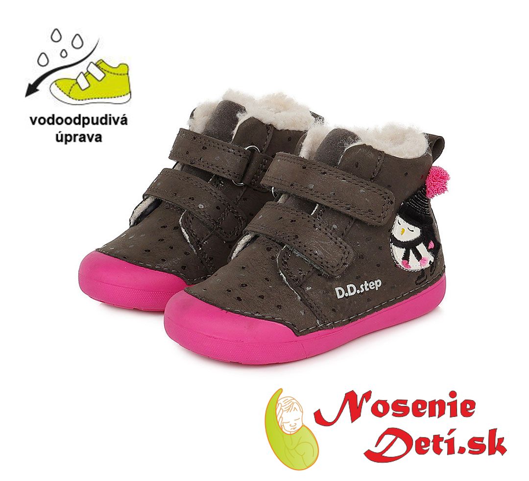 Dievčenské zimné topánky alternatíva barefoot DD Step Hnedošedé Cyklámen Tučniak 066-352