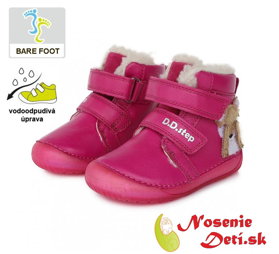 Dievčenské zimné barefoot topánky DD Step Ružové Líška 070-353