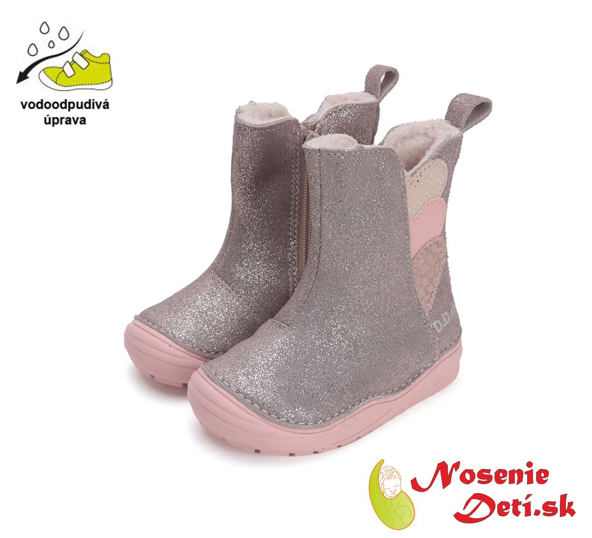 Dívčí zimní kožené kozačky D.D.Step Champagne Srdíčka W071-42973A