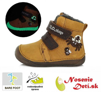 Detské chlapčenské zimné barefoot topánky DD Step Horčicové Pavúčik 070-111A