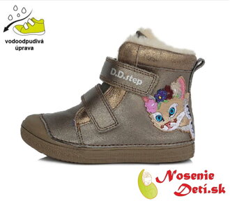 Dievčenské zimné kožené topánky DD Step Bronze Mačička 049-63A