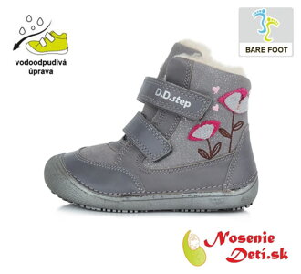 Dievčenské zimné barefoot topánky čižmy DD Step Šedé Kvietky 063-710A