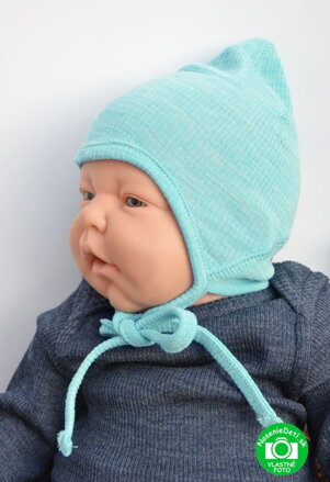 Merino celoročná vlnená dojčenská zaväzovacia čiapka Manymonths Aqua Blue