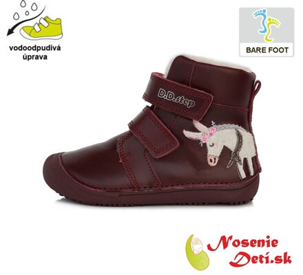 Dievčenské zimné barefoot topánky čižmy DD Step Bordové Oslík 063-511