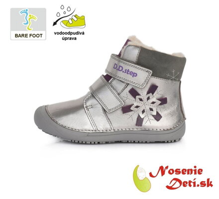 Dievčenské zimné barefoot topánky DD Step Strieborné s vločkou 063-915 AM