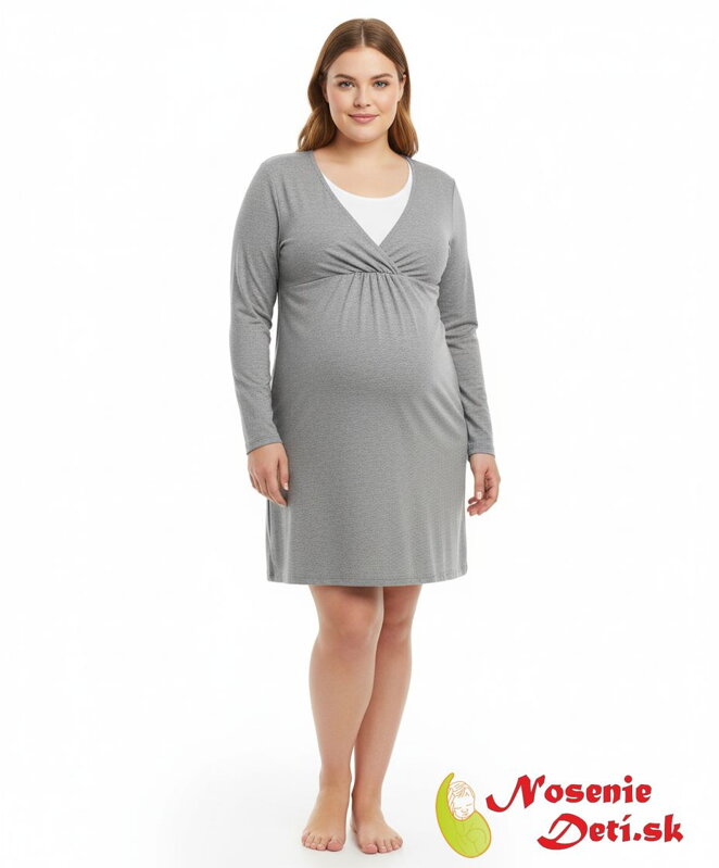Tehotenská nočná košeľa na kojenie dlhý rukáv Lucia Šedý melír