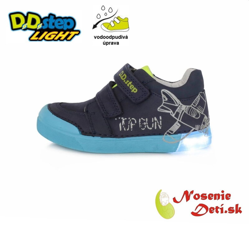 Svietiace tenisky detské kožené DD Step Modré s lietadlom 068-45 Svietiace tenisky detské kožené DD Step Modré s lietadlom 068-45